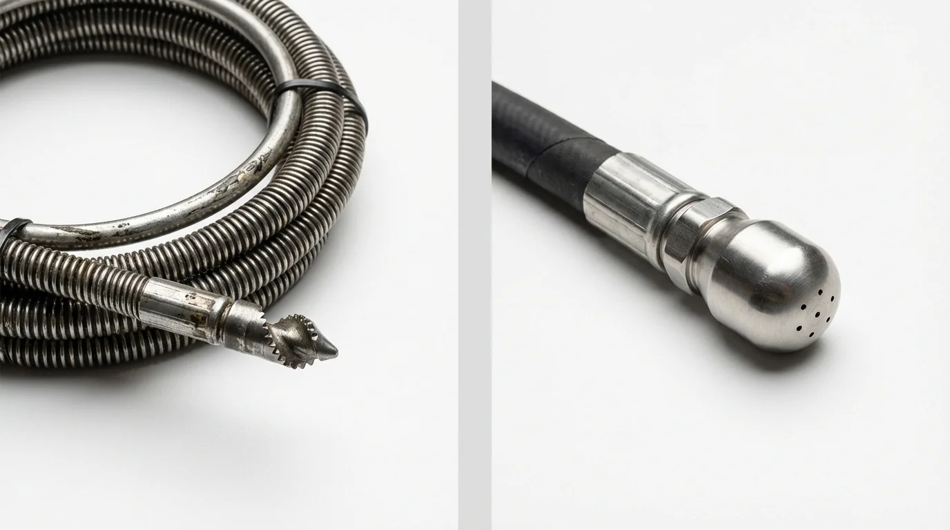 Drain snake cable and hydro jetting nozzle used for drain cleaning in Pasadena, TX
