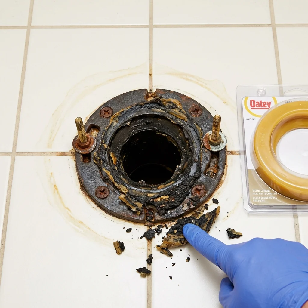 Failed wax ring showing water seepage at the base of a toilet in a Pasadena, TX home