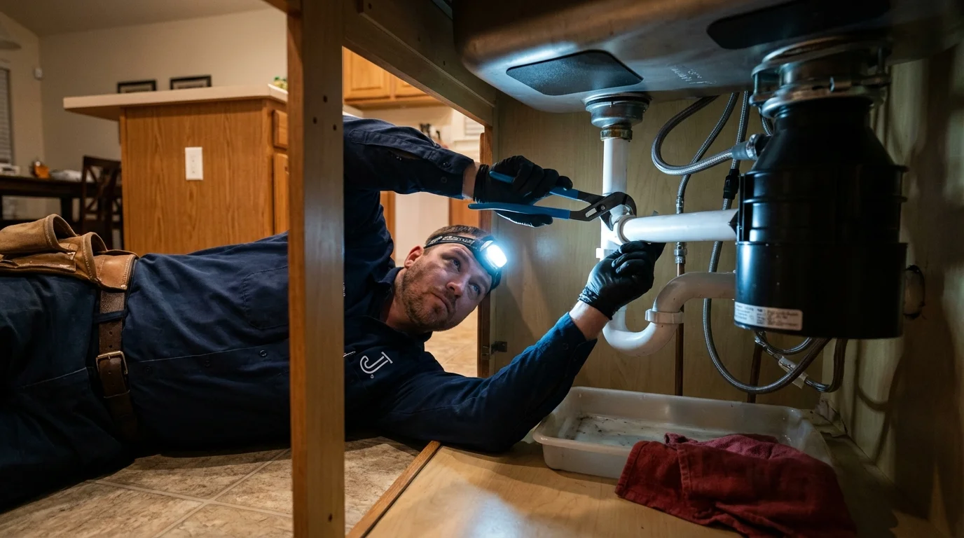 P-trap and supply line connections under a kitchen sink showing a common leak point in Pasadena, TX